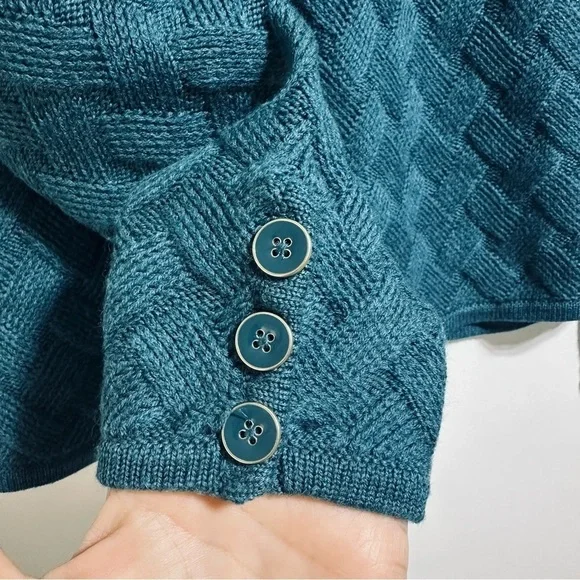New Talbots teal basket weave pure merino wool sweater cardigan - Picture 3 of 7
